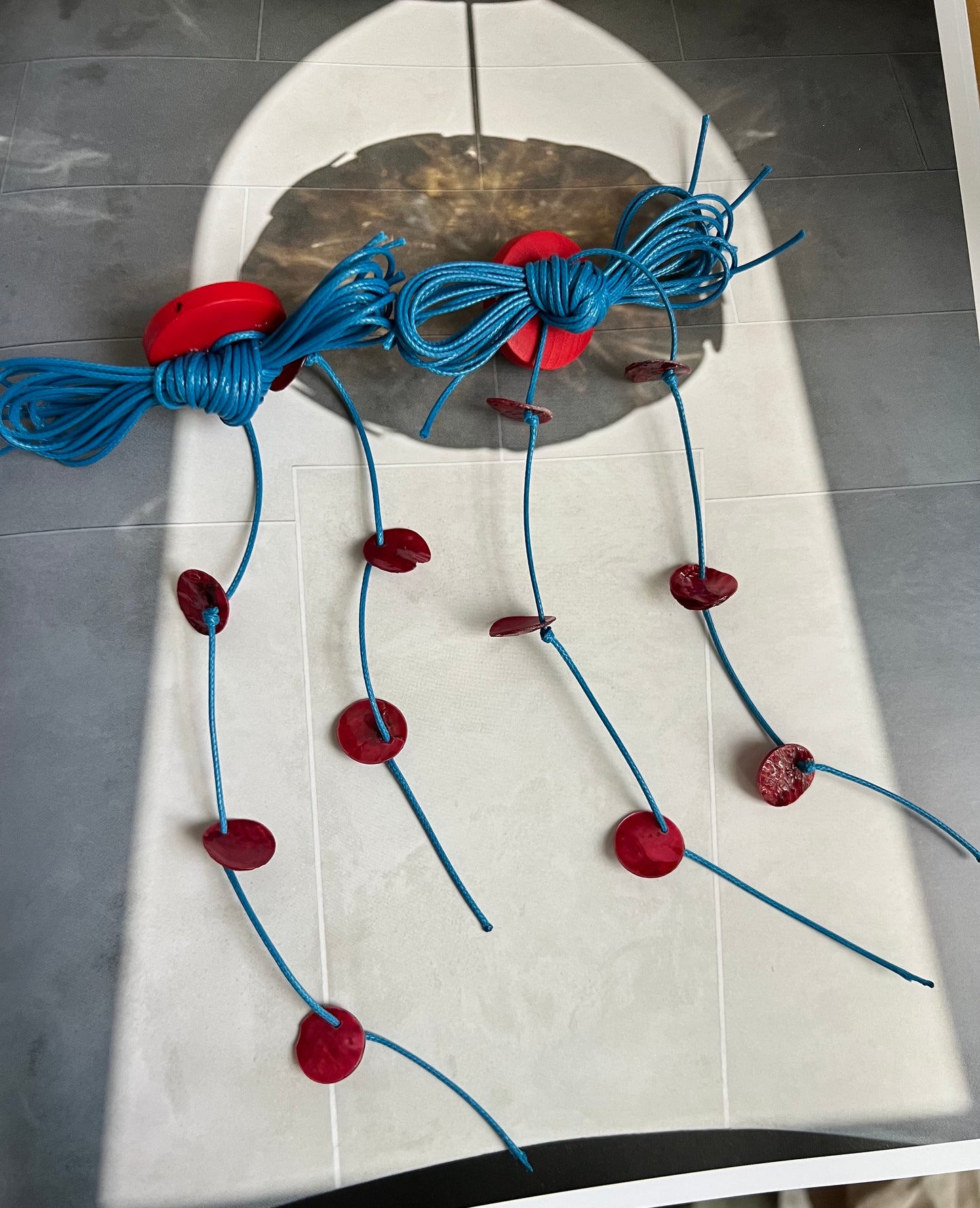 Red Disc & Blue Cord Statement Earrings