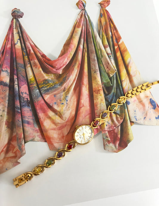 Vintage-Inspired Gold Bracelet Watch with colored stones